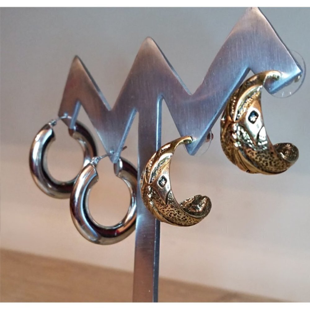 BUNDLE lot 2 hoop & half hoop trendy earrings boho silver + antique gold tone.